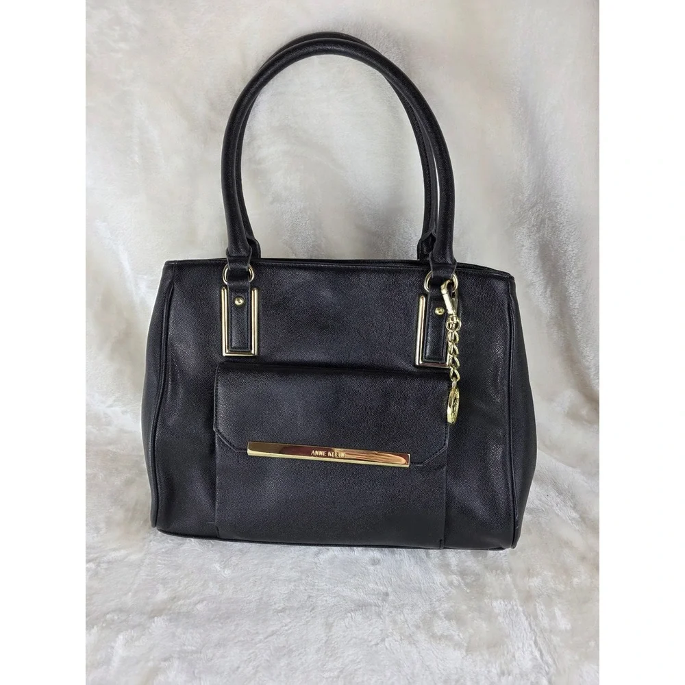 Anne Klein Black Faux Leather Tote Bag Gold Tone Charm Accent